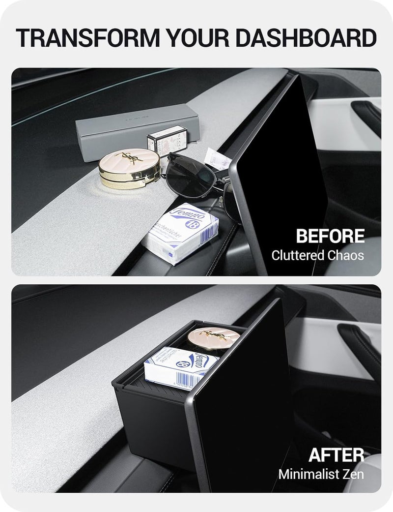 Basenor 2026 Tesla Model Y Center Console Behind Screen Storage, (Privacy Protection & Proprietary Design) Dashboard Hidden Organizer, Tissue Holder for 2025 2026 Model Y Juniper - Image 3